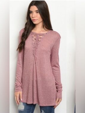 🍁New Fall🍁 Mauve Lace Up Front Mauve Ribbed Tunic Top